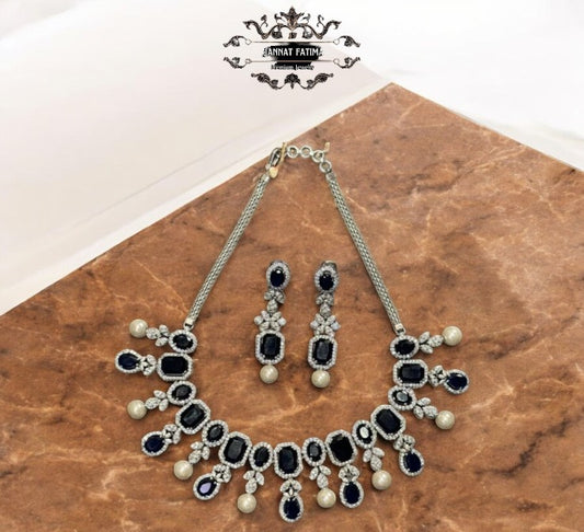 Blue Sapphire Diamond Look Necklace Set